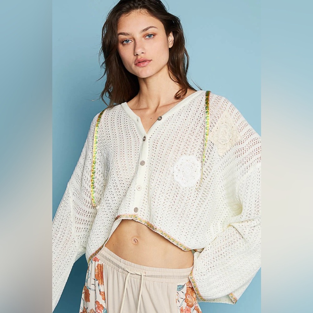 POL Ivory Button Down Cardigan Hooded Shacket with Floral Embroidery